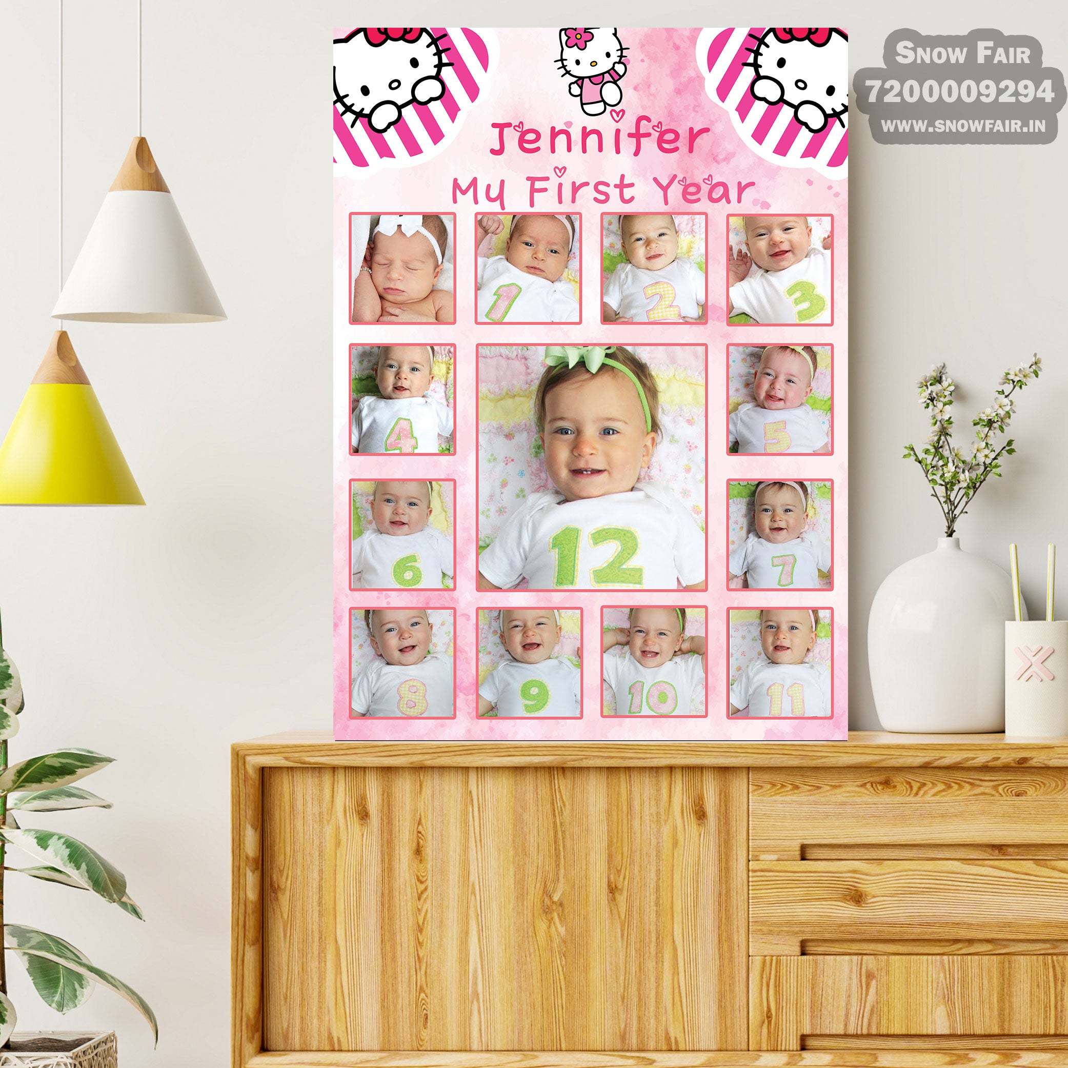 Baby First Birthday Sign | One Year Baby | Milestone Photo Board | 12 Months Baby Collage Sign | Baby Photo Frame - 310323 24 x 12 Inches (FOR 3x3