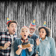 Load image into Gallery viewer, Snowfair Black Tinsel Foil Fringe Curtains Backdrop for Birthday Party Decoration (3 ft x 6 ft) -Pack of 2
